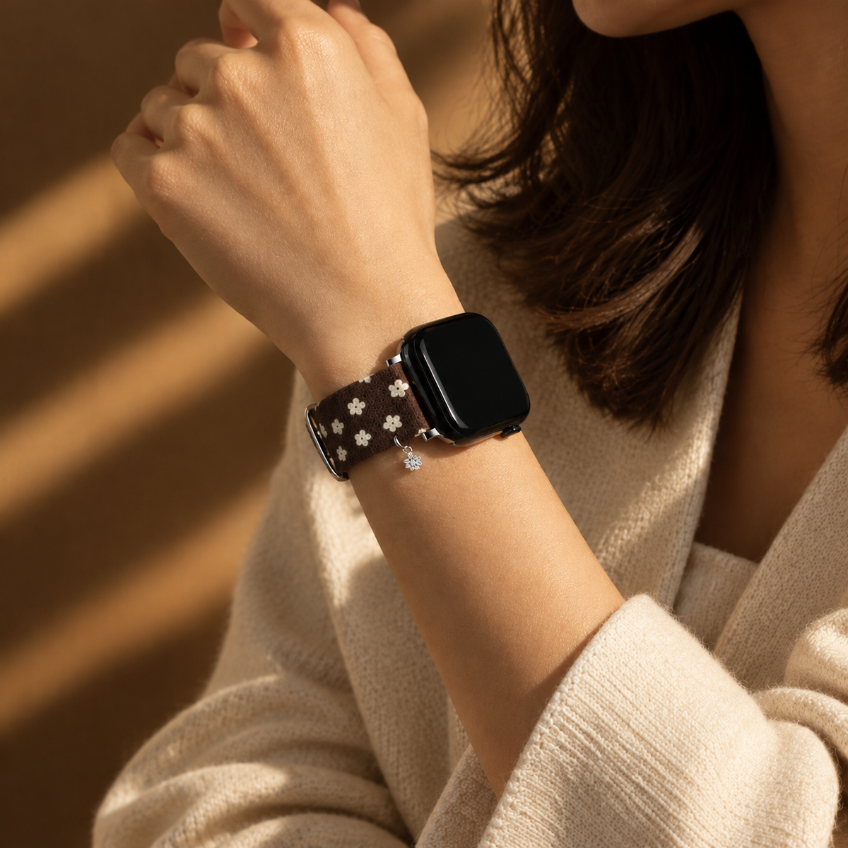 Floral Canvas Strap with Crystal Flower Charm for Apple Watch